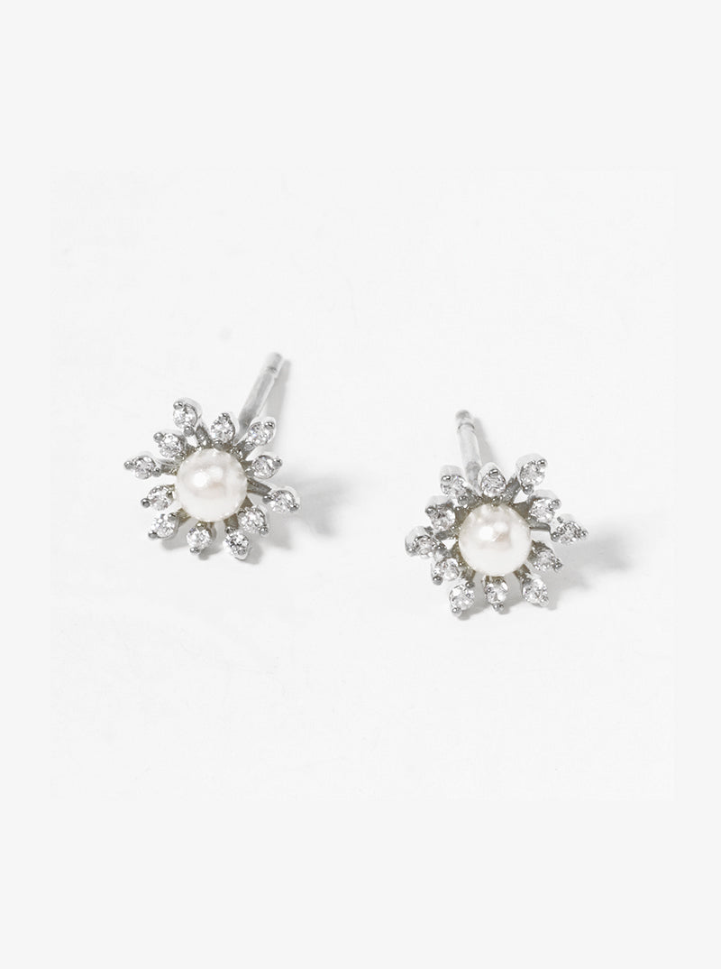 18k Gold Dipped CZ Pearl Dainty Flower Post Stud Earrings