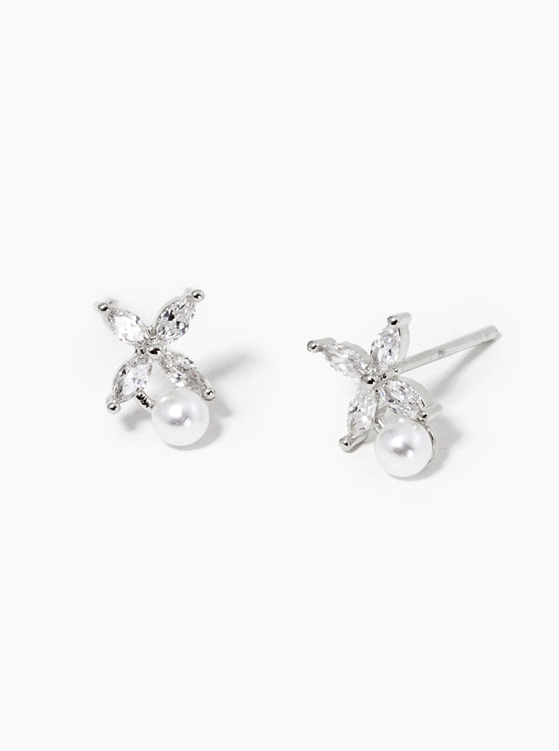 White Gold Dipped CZ Pearl Dainty Post Stud Earrings
