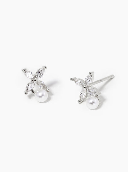 White Gold Dipped CZ Pearl Dainty Post Stud Earrings