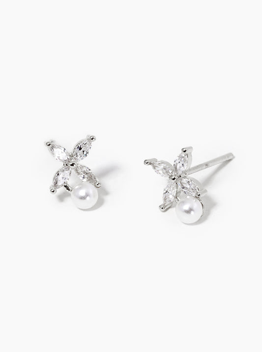 White Gold Dipped CZ Pearl Dainty Post Stud Earrings