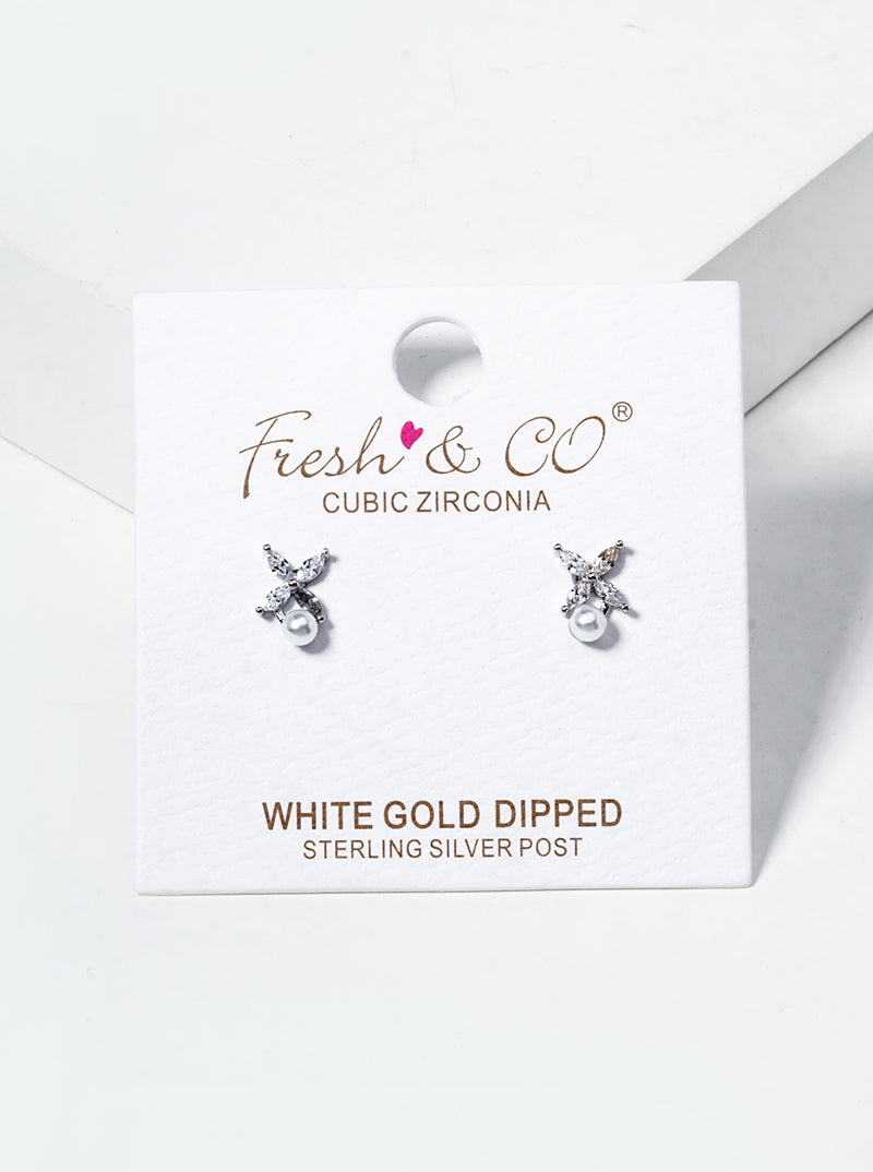 White Gold Dipped CZ Pearl Dainty Post Stud Earrings