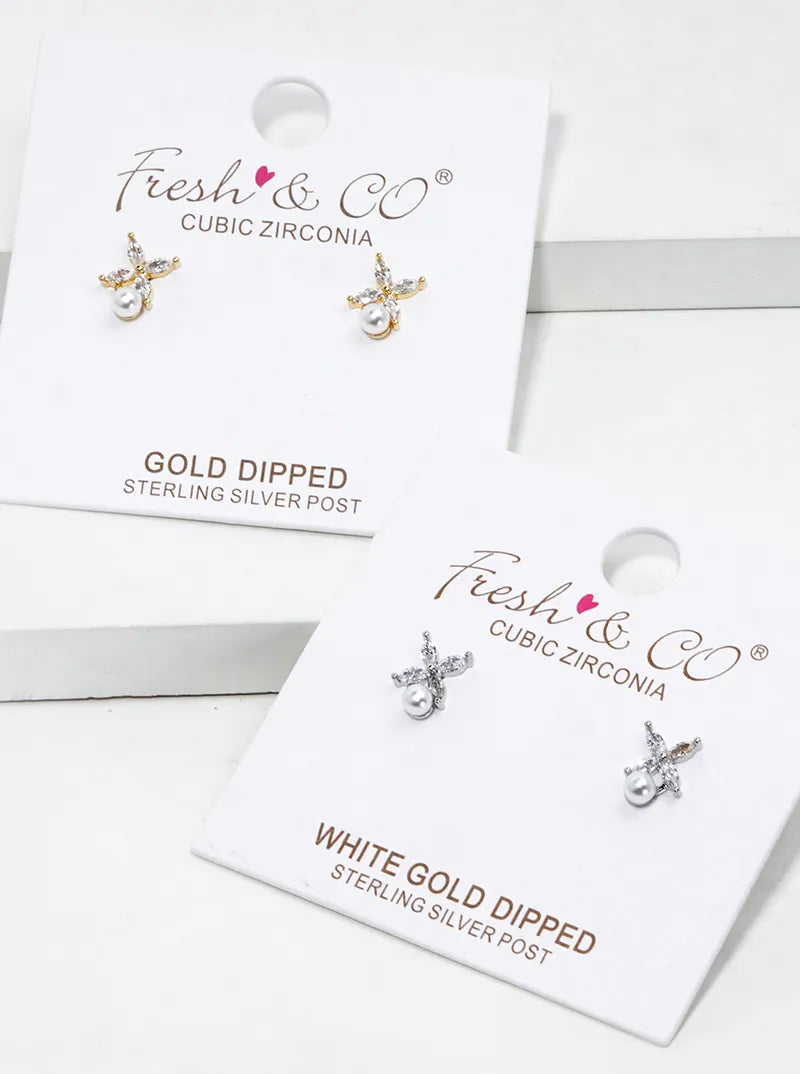 White Gold Dipped CZ Pearl Dainty Post Stud Earrings