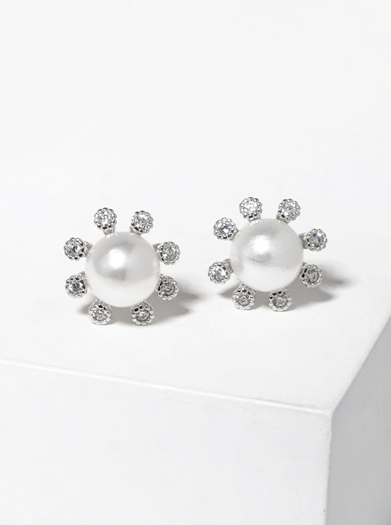 18k Gold Dipped CZ Pearl Flower Post Stud Earrings