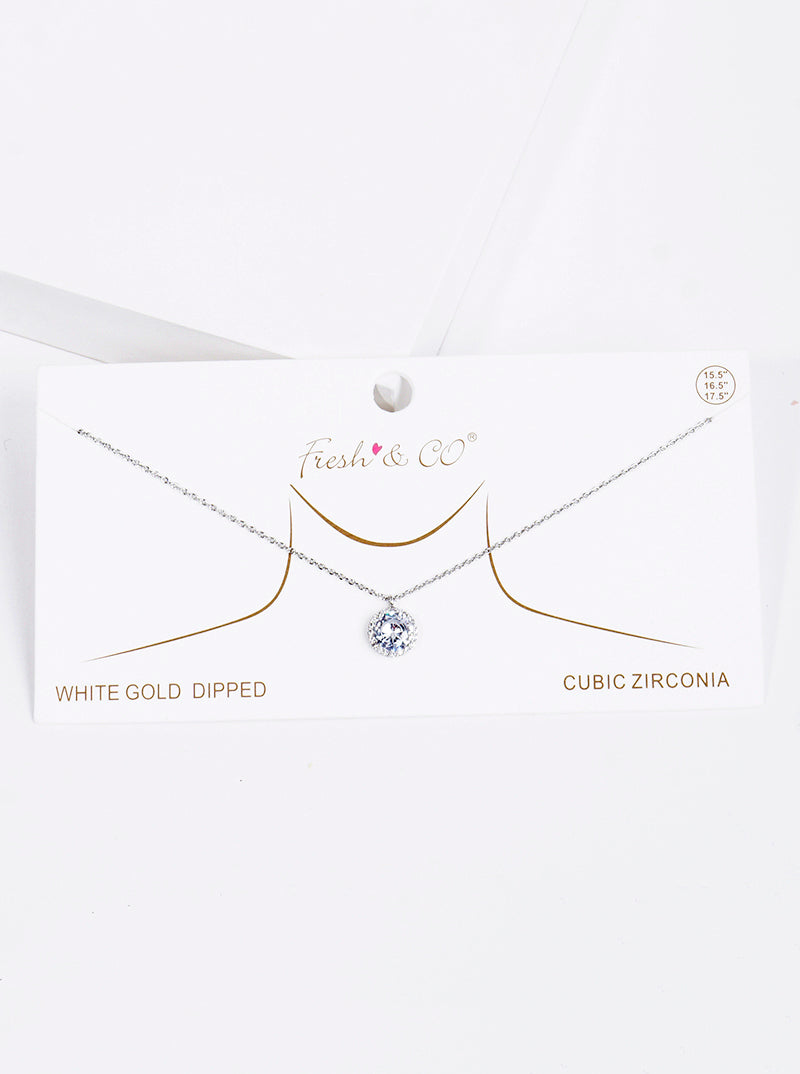 White Gold Dipped CZ Round Pendant Delicate Necklace
