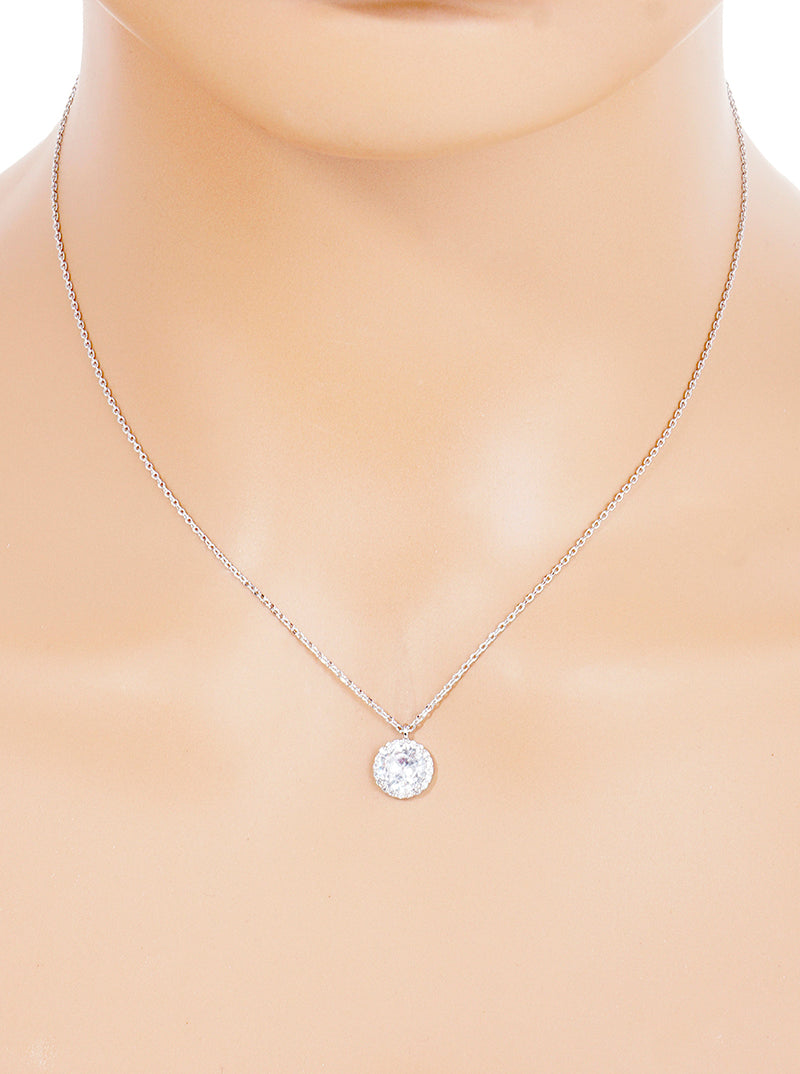 White Gold Dipped CZ Round Pendant Delicate Necklace