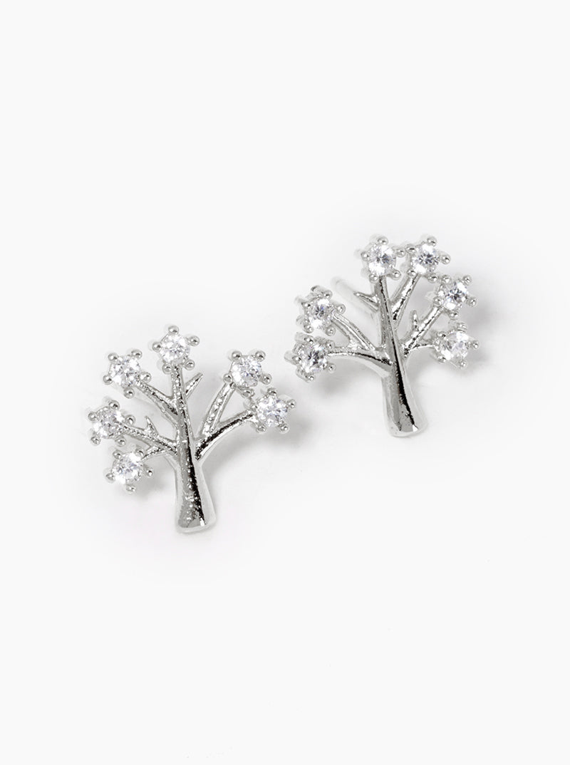 White Gold Dipped CZ Tree Of Life Post Stud Earrings