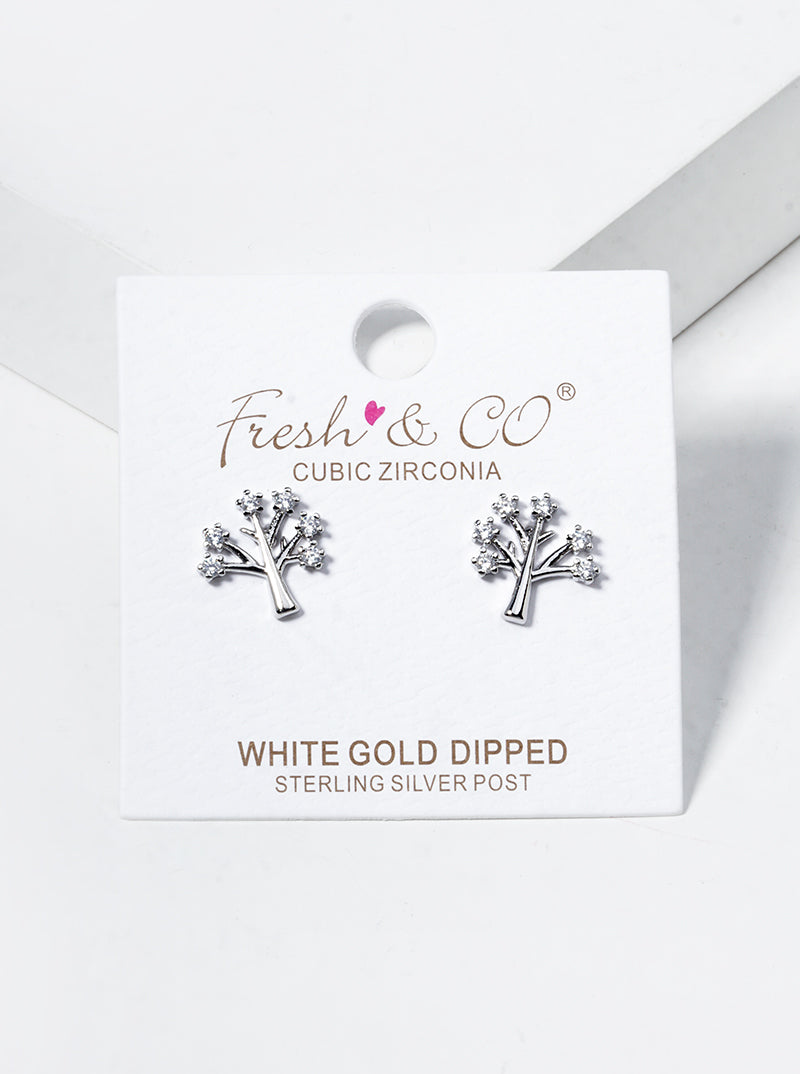White Gold Dipped CZ Tree Of Life Post Stud Earrings