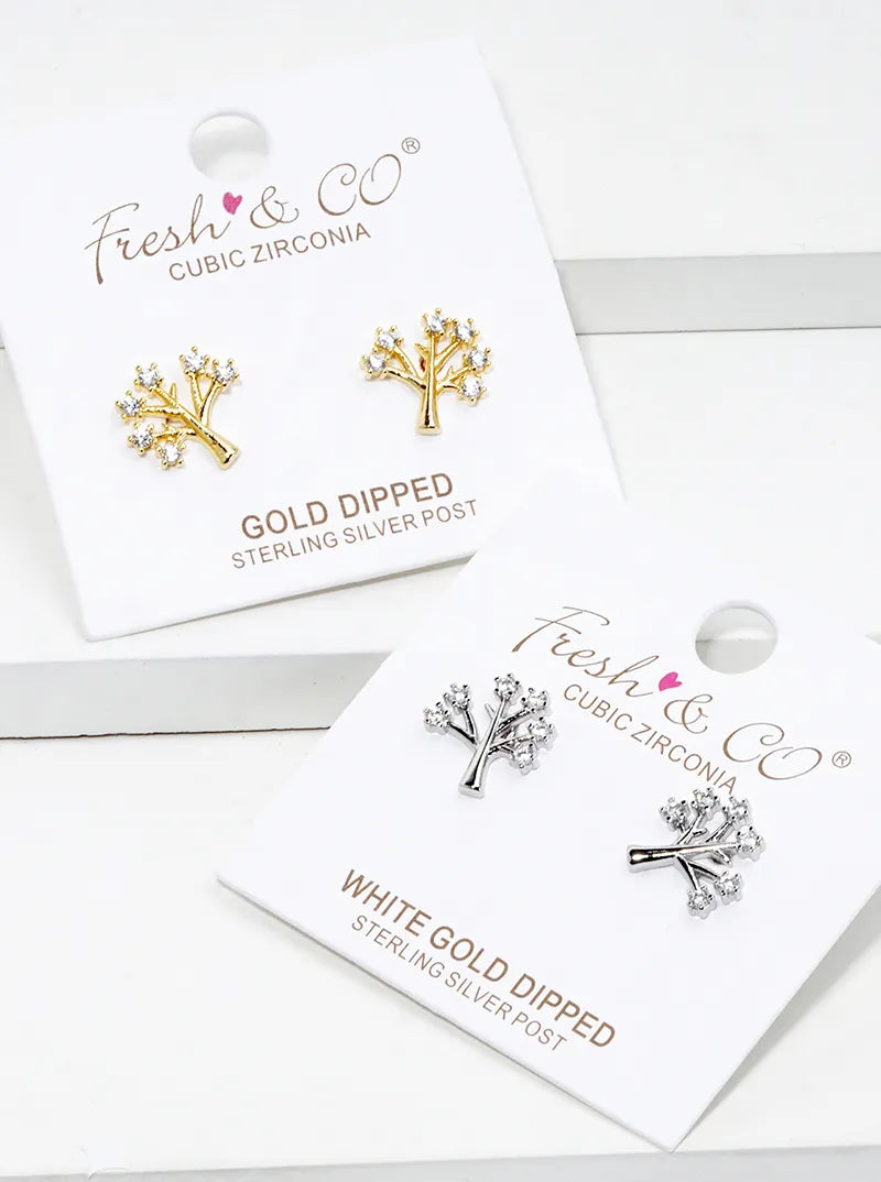White Gold Dipped CZ Tree Of Life Post Stud Earrings
