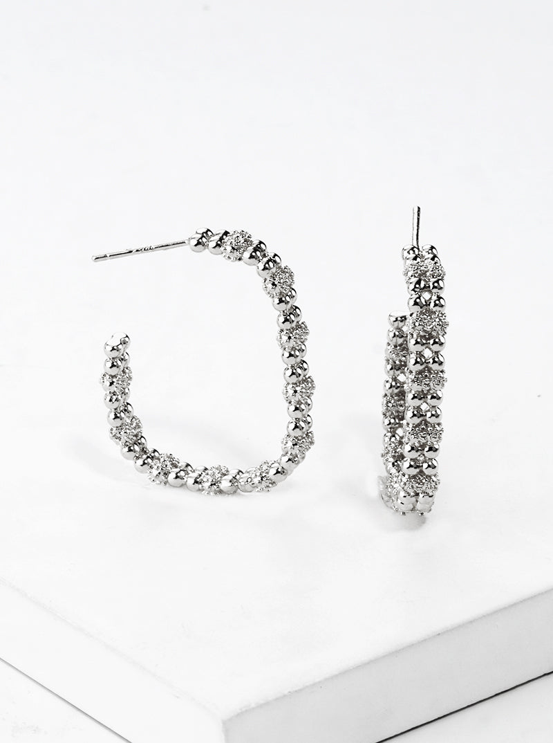 White Gold Dipped Ball Textured Metal Rectangle 25mm Open Hoop Earrings