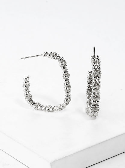 White Gold Dipped Ball Textured Metal Rectangle 25mm Open Hoop Earrings