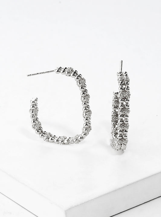 White Gold Dipped Ball Textured Metal Rectangle 25mm Open Hoop Earrings