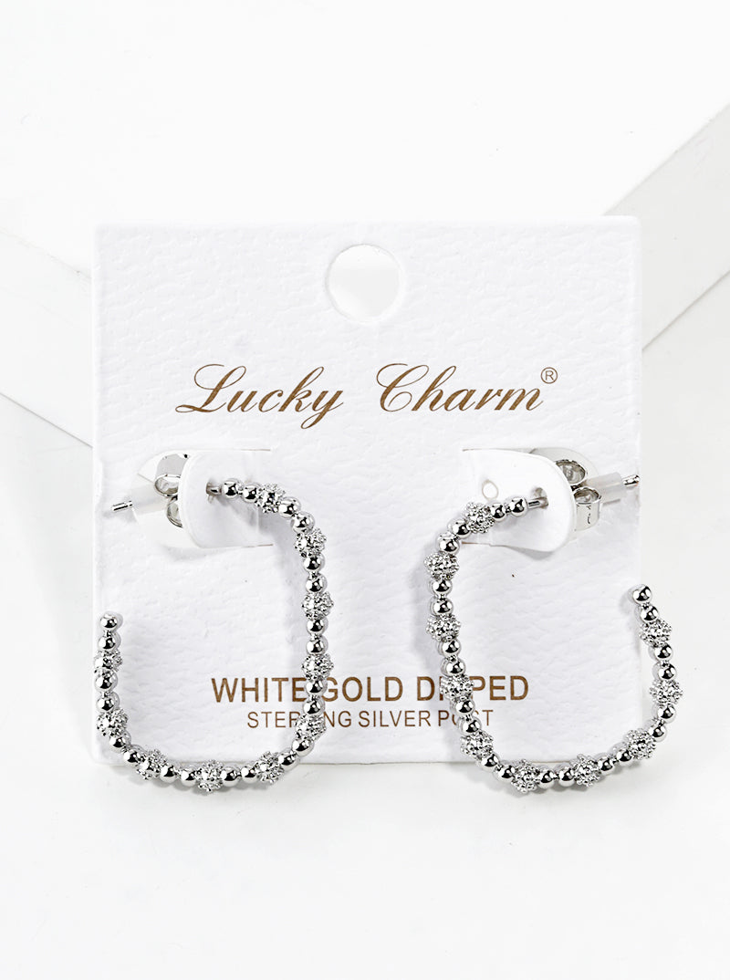 White Gold Dipped Ball Textured Metal Rectangle 25mm Open Hoop Earrings