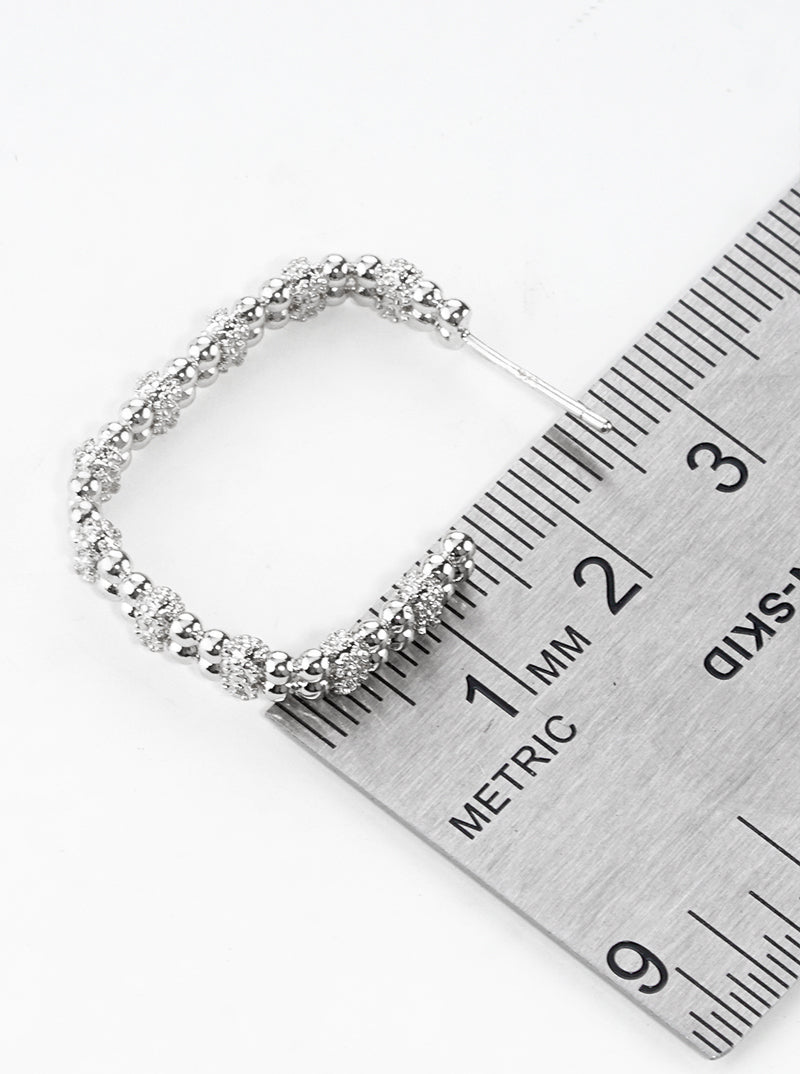 White Gold Dipped Ball Textured Metal Rectangle 25mm Open Hoop Earrings