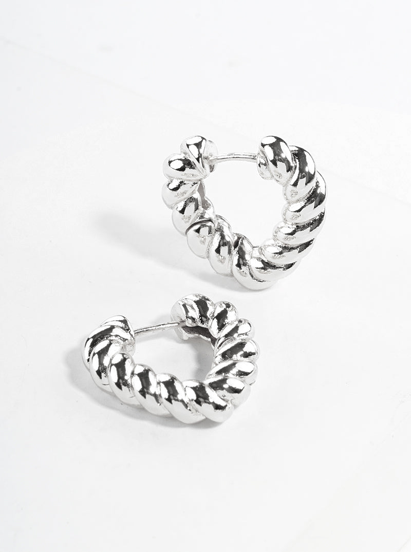 White Gold Dipped Braided Metal Heart Shape 20mm Hinged Hoop Earrings