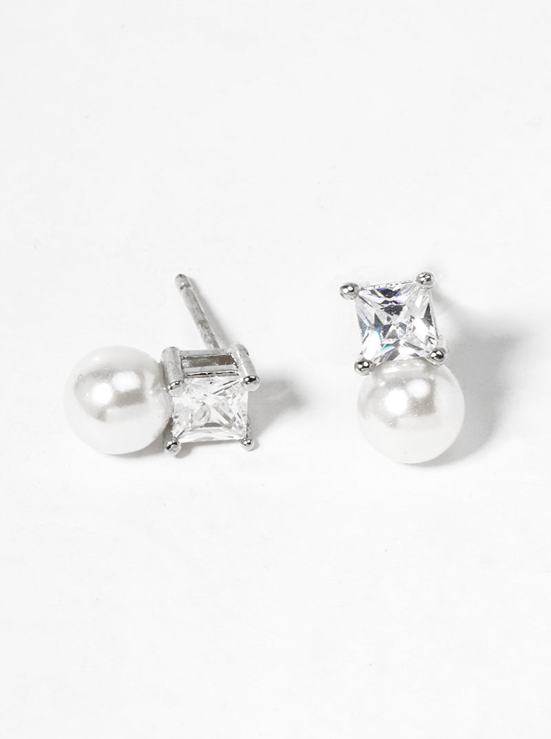 White Gold Dipped Dainty CZ Stone Pearl Drop Post Stud Earrings