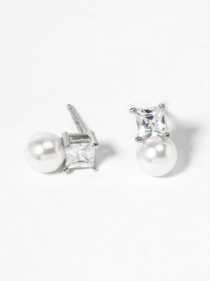 White Gold Dipped Dainty CZ Stone Pearl Drop Post Stud Earrings