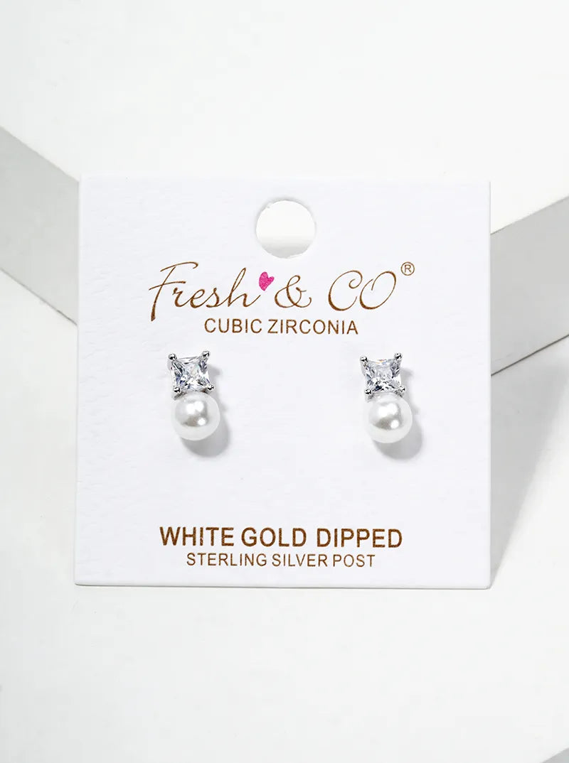 White Gold Dipped Dainty CZ Stone Pearl Drop Post Stud Earrings