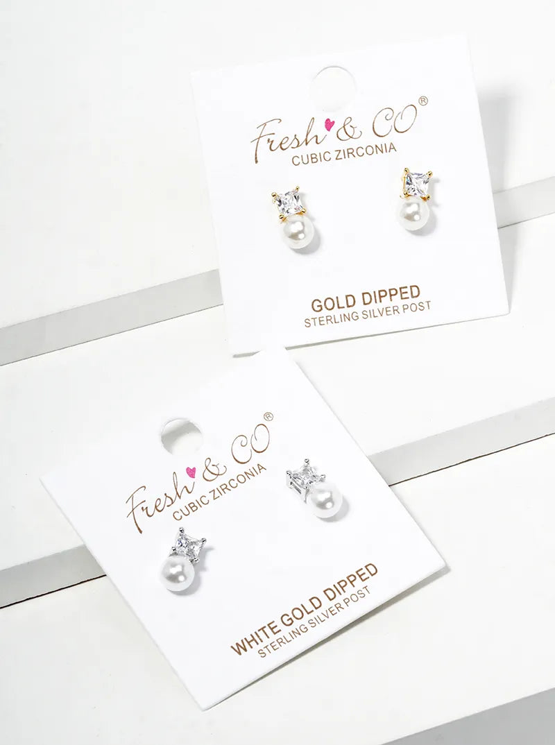 White Gold Dipped Dainty CZ Stone Pearl Drop Post Stud Earrings