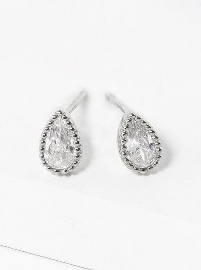 White Gold Dipped Dainty CZ Teardrop Post Stud Earrings