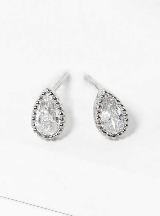 White Gold Dipped Dainty CZ Teardrop Post Stud Earrings