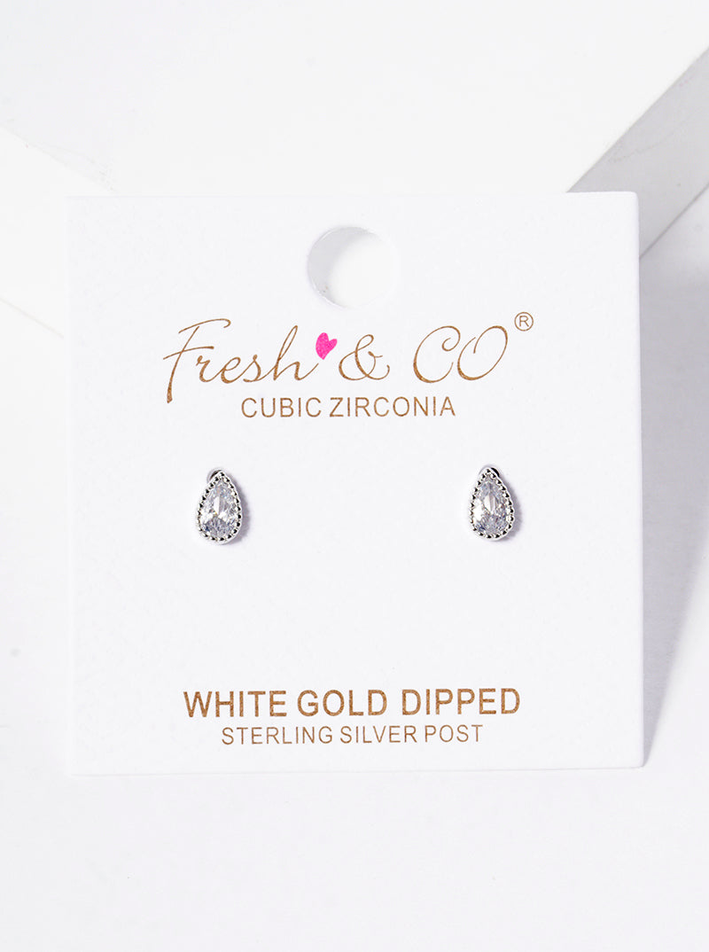 White Gold Dipped Dainty CZ Teardrop Post Stud Earrings