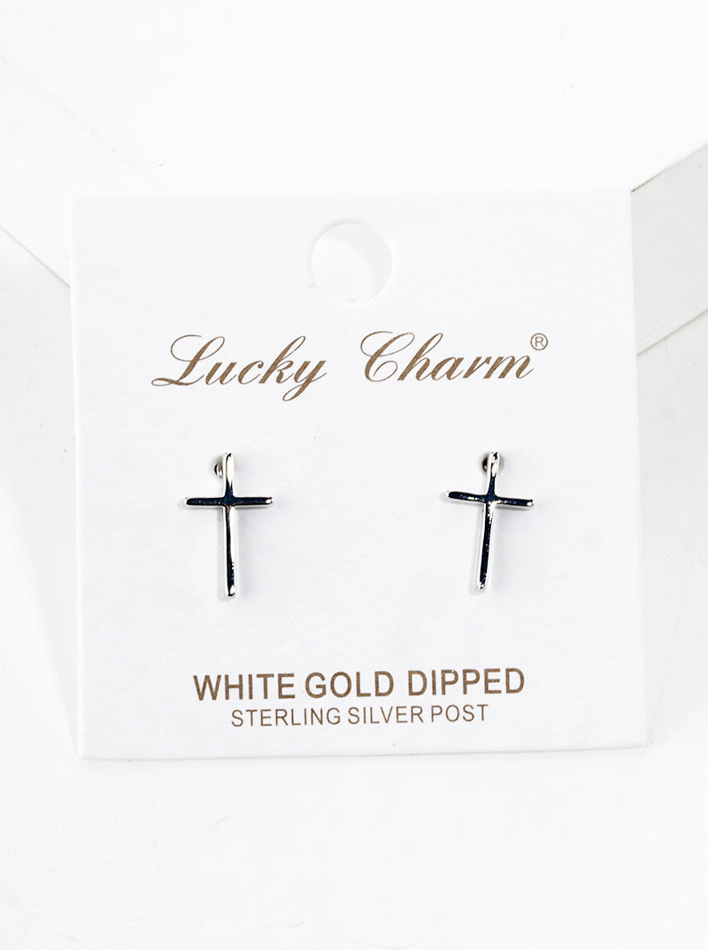 White Gold Dipped Dainty Cross Post Stud Earrings