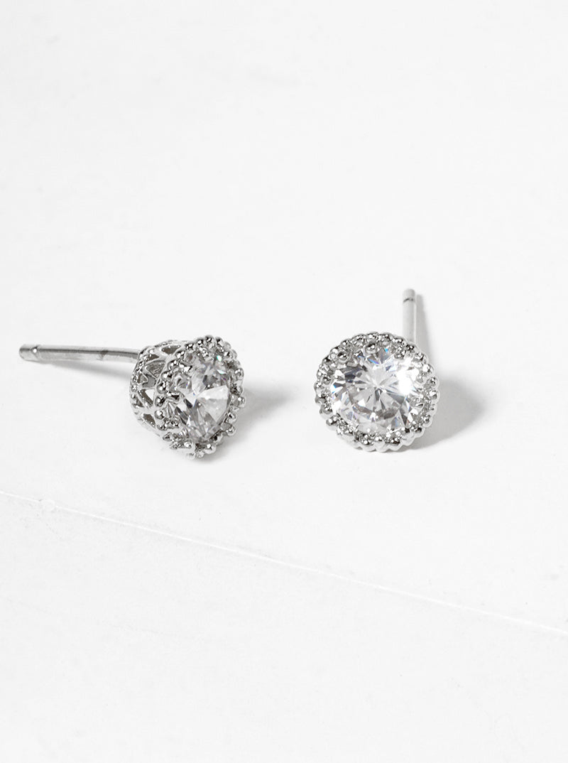 White Gold Dipped Dainty Round CZ Post Stud Earrings