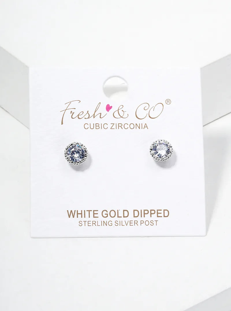 White Gold Dipped Dainty Round CZ Post Stud Earrings
