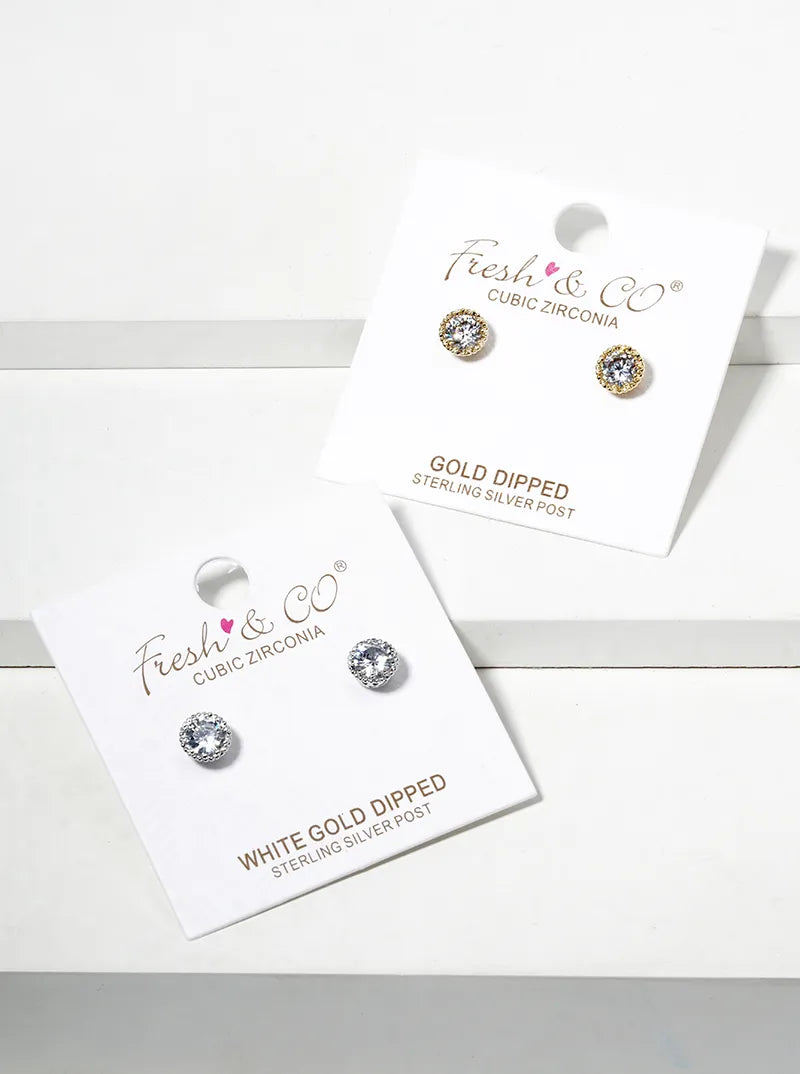 White Gold Dipped Dainty Round CZ Post Stud Earrings