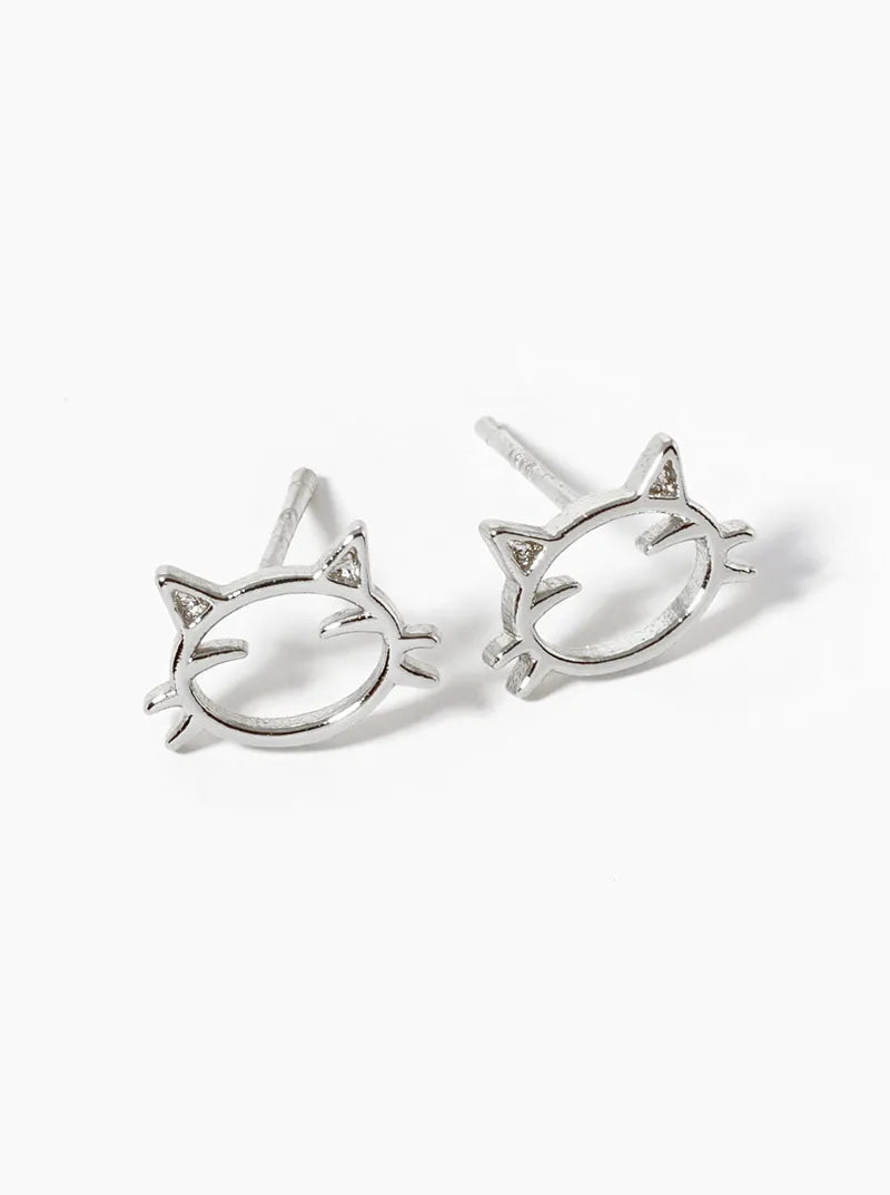 White Gold Dipped Delicate Cat Post Stud Earrings