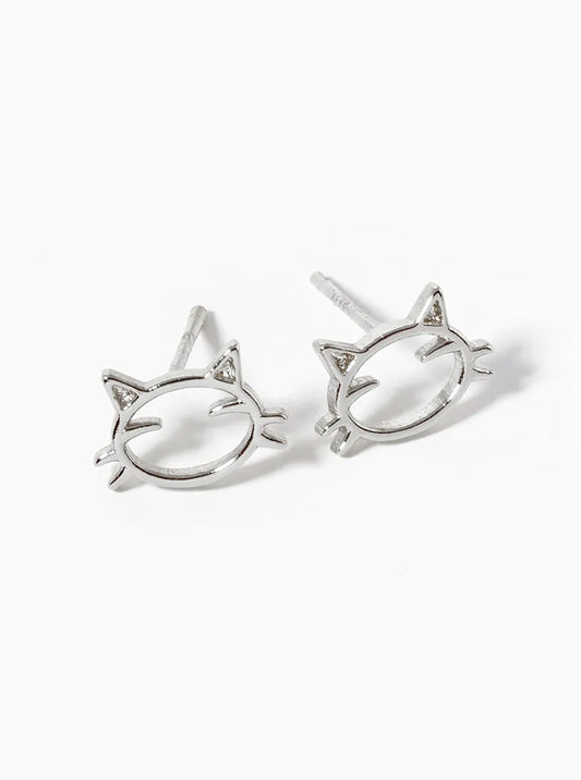 White Gold Dipped Delicate Cat Post Stud Earrings
