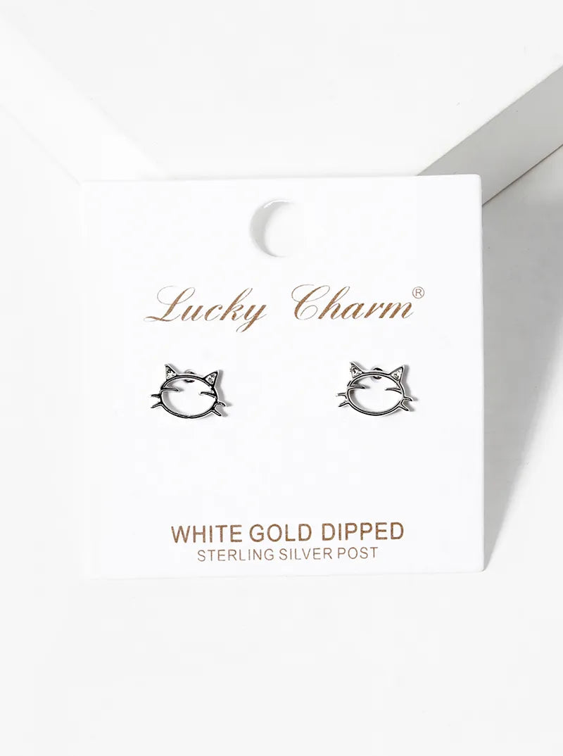 White Gold Dipped Delicate Cat Post Stud Earrings