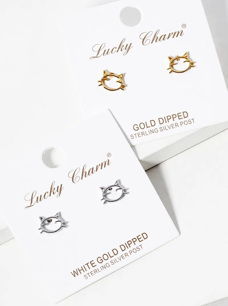 White Gold Dipped Delicate Cat Post Stud Earrings