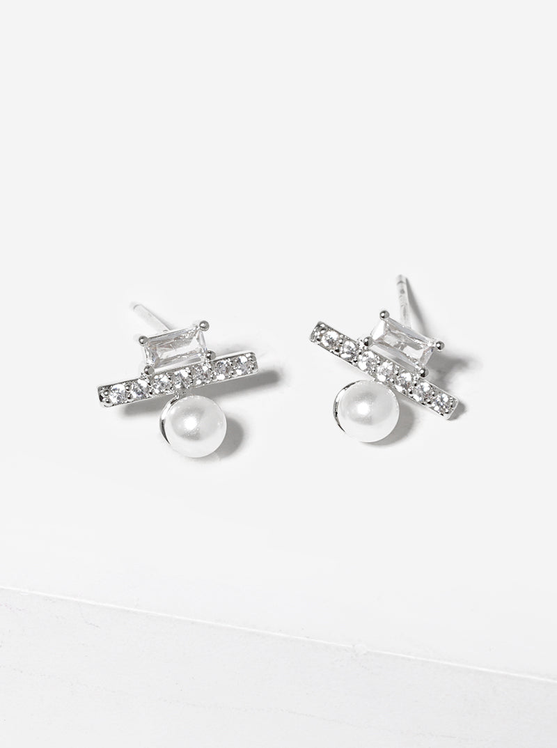 18k Gold Dipped Geometric CZ Bar Pearl Post Stud Earrings