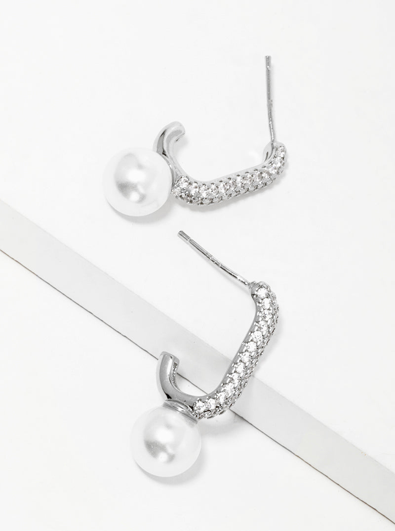 White Gold Dipped Glass Pearl Drop CZ Pave Open Hoop Earrings