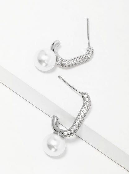 White Gold Dipped Glass Pearl Drop CZ Pave Open Hoop Earrings