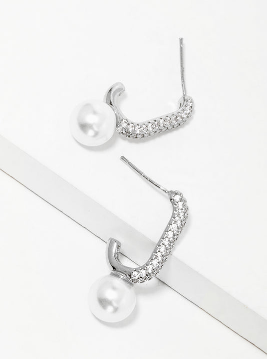 White Gold Dipped Glass Pearl Drop CZ Pave Open Hoop Earrings