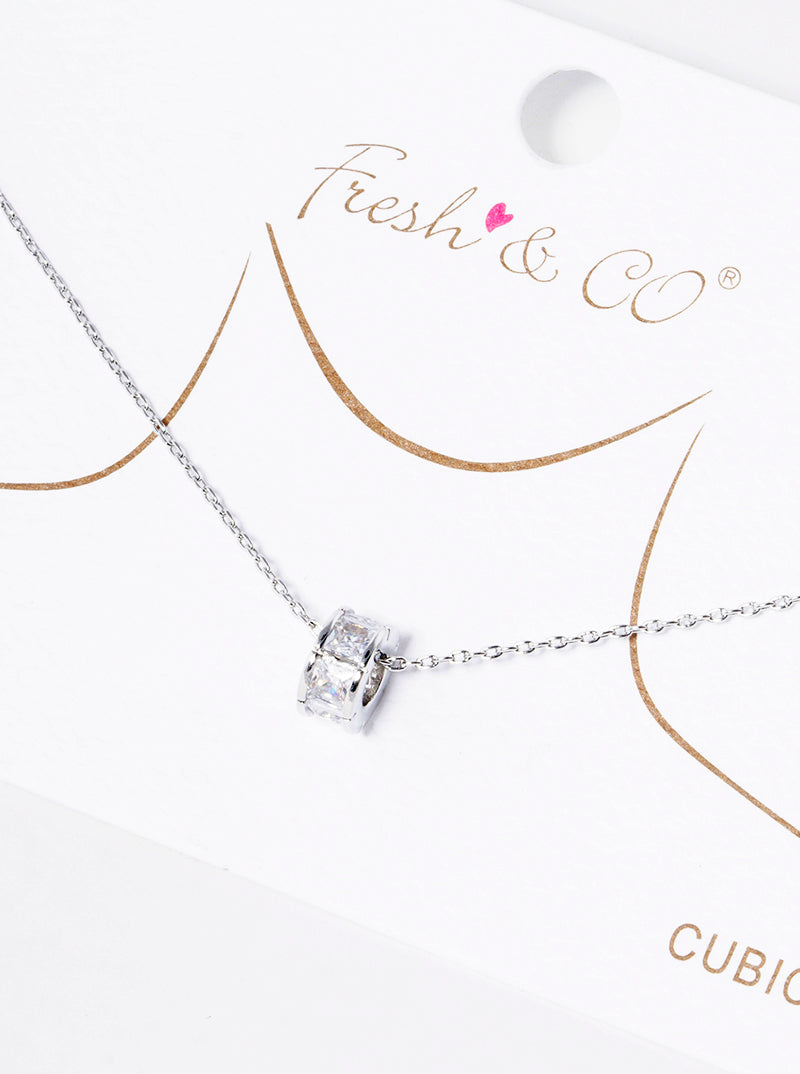White Gold Dipped Square CZ Wheel Shape Pendant Delicate Necklace