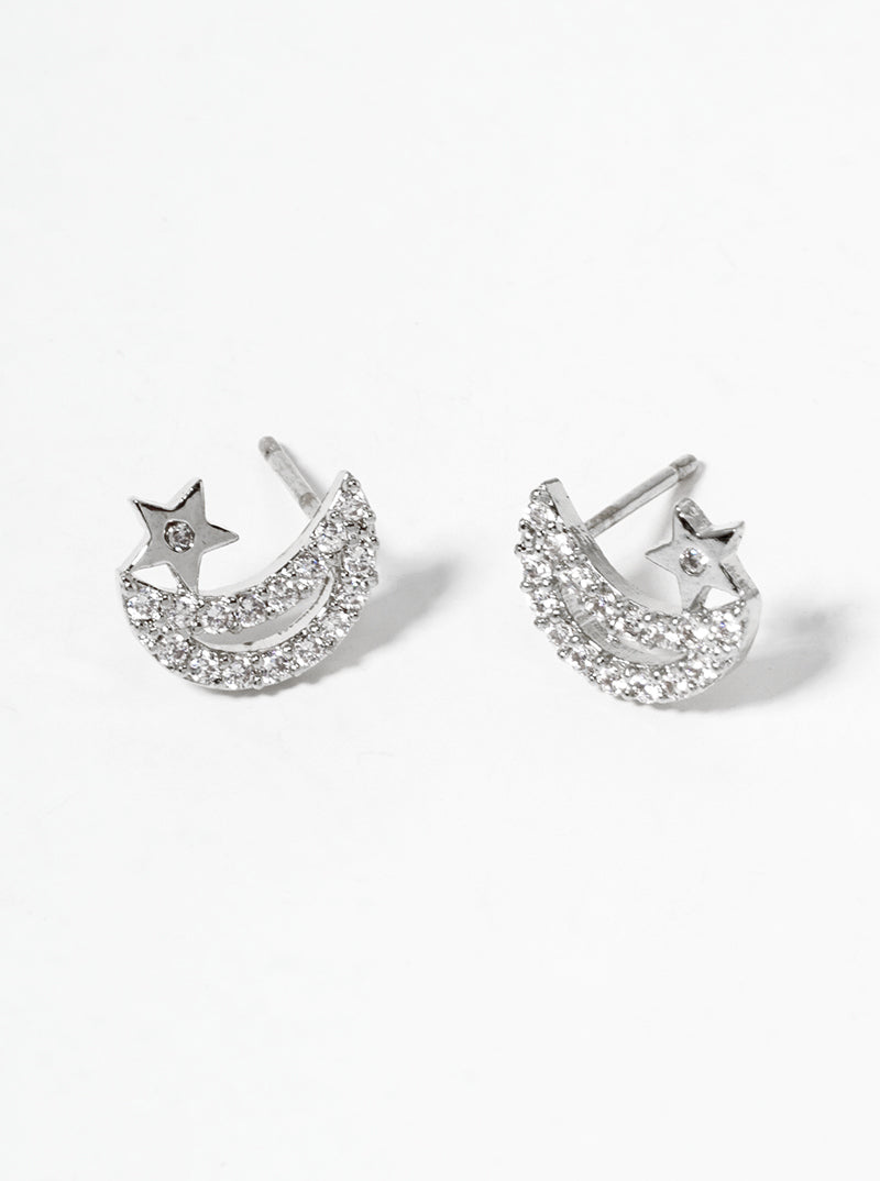 18k Gold Dipped Symmetrical CZ Pave Crescent Moon And Star Post Stud Earrings