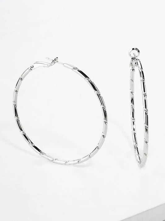 White Gold Dipped Textured Metal 50mm Leverback Hoop Earrings
