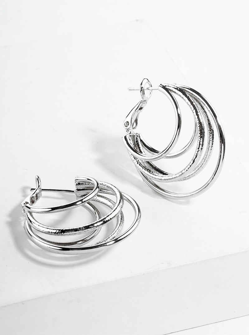 White Gold Dipped Textured Metal Layered 30mm Leverback Hoop Earrings