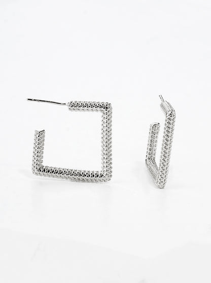 White Gold Dipped Textured Metal Square 20mm Open Hoop Earrings