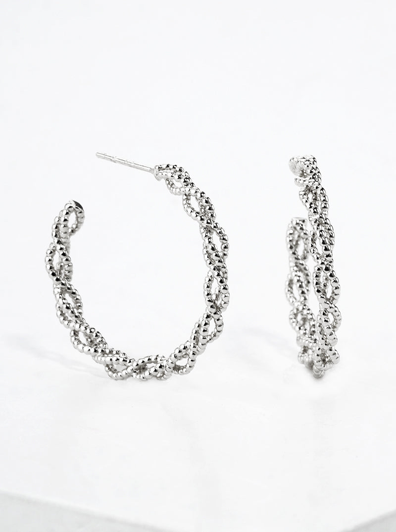 White Gold Dipped Twist Textured Metal 20mm Open Hoop Earrings