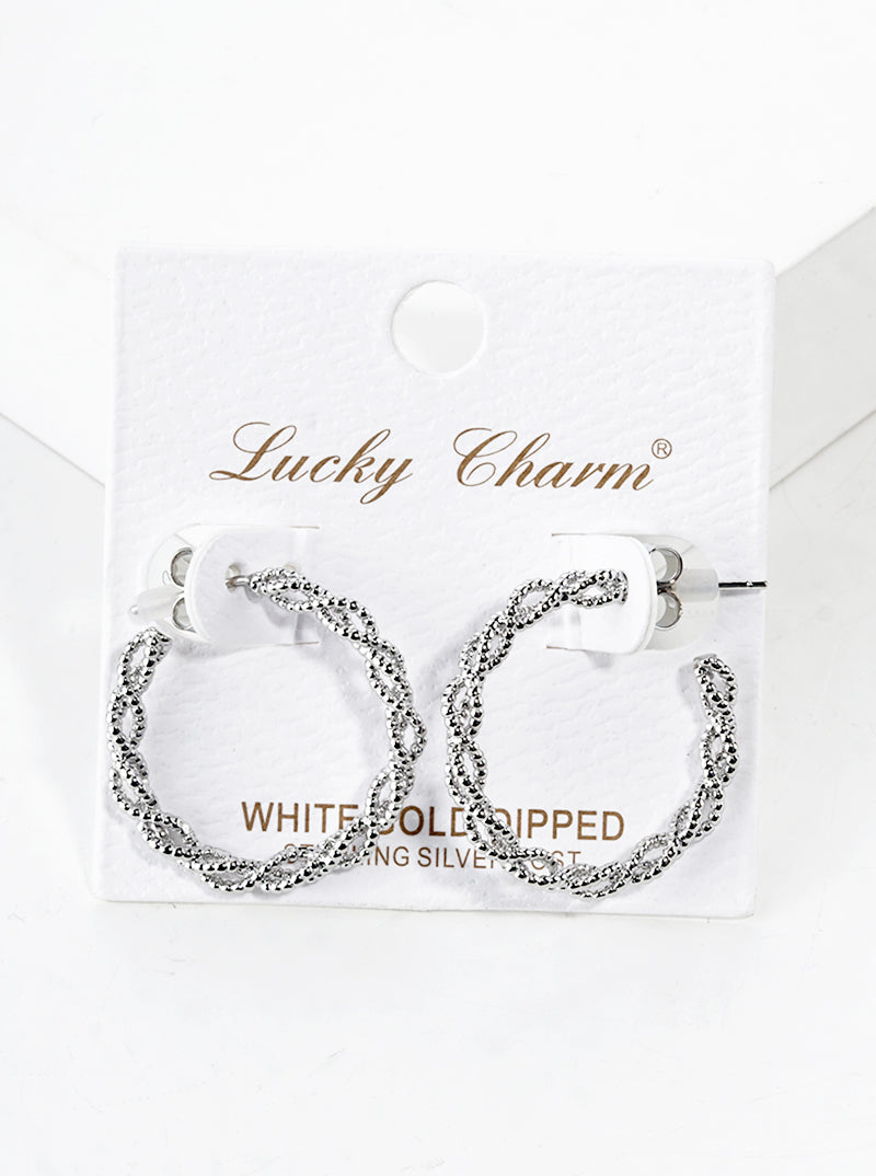 White Gold Dipped Twist Textured Metal 20mm Open Hoop Earrings
