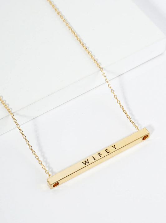 Wifey Engraved 18K Gold Dipped Horizontal Brass Bar Pendant Inspirational Necklace