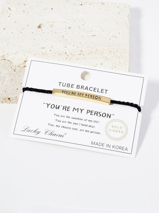 You Are My Person Engraved 18K Gold Dipped Curved Brass Tube Bar Adjustable Pull Tie Bracelet