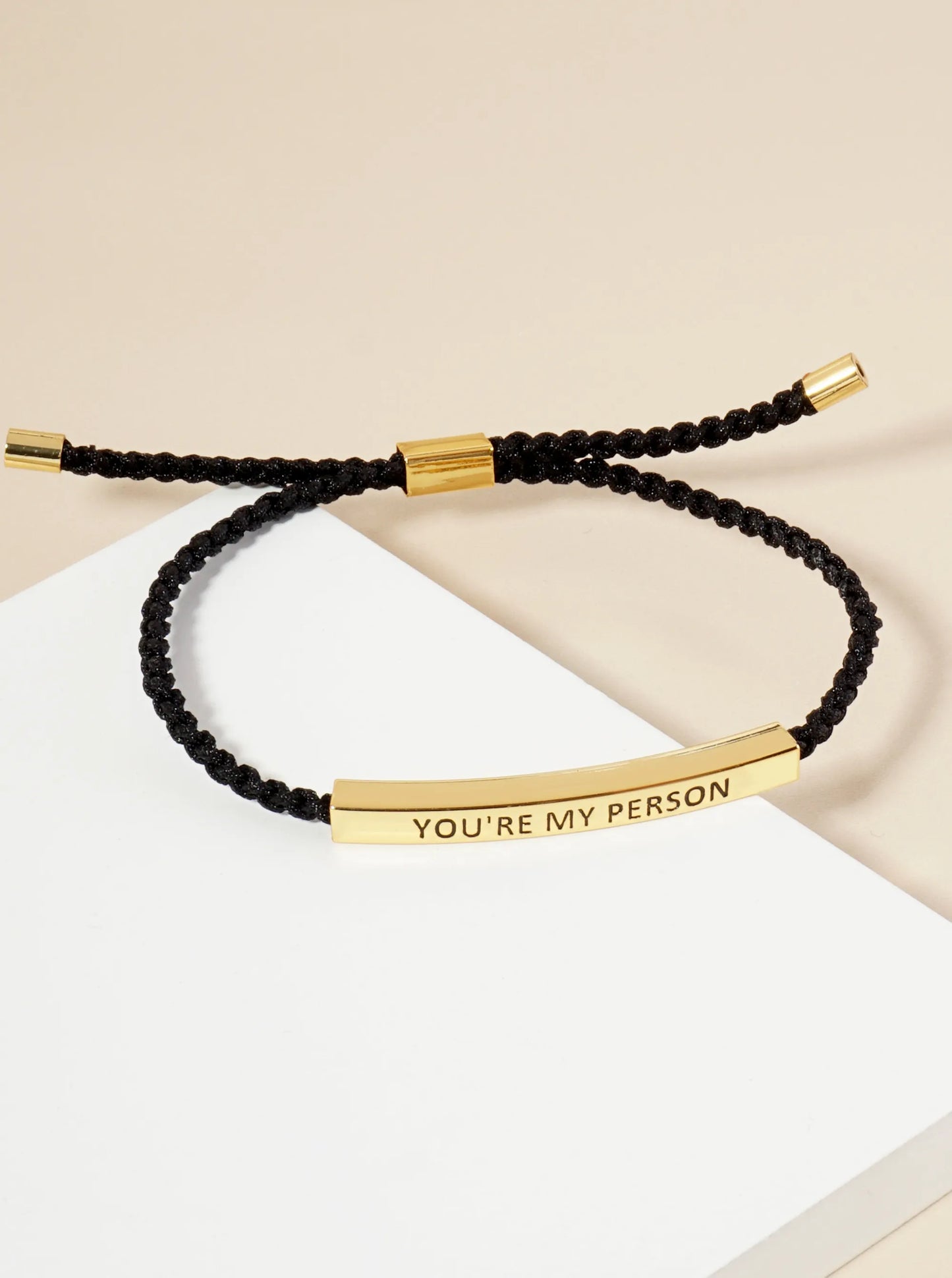 You Are My Person Engraved 18K Gold Dipped Curved Brass Tube Bar Adjustable Pull Tie Bracelet