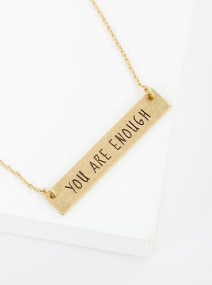 You Are Enough Engraved Horizontal Bar Pendant Necklace