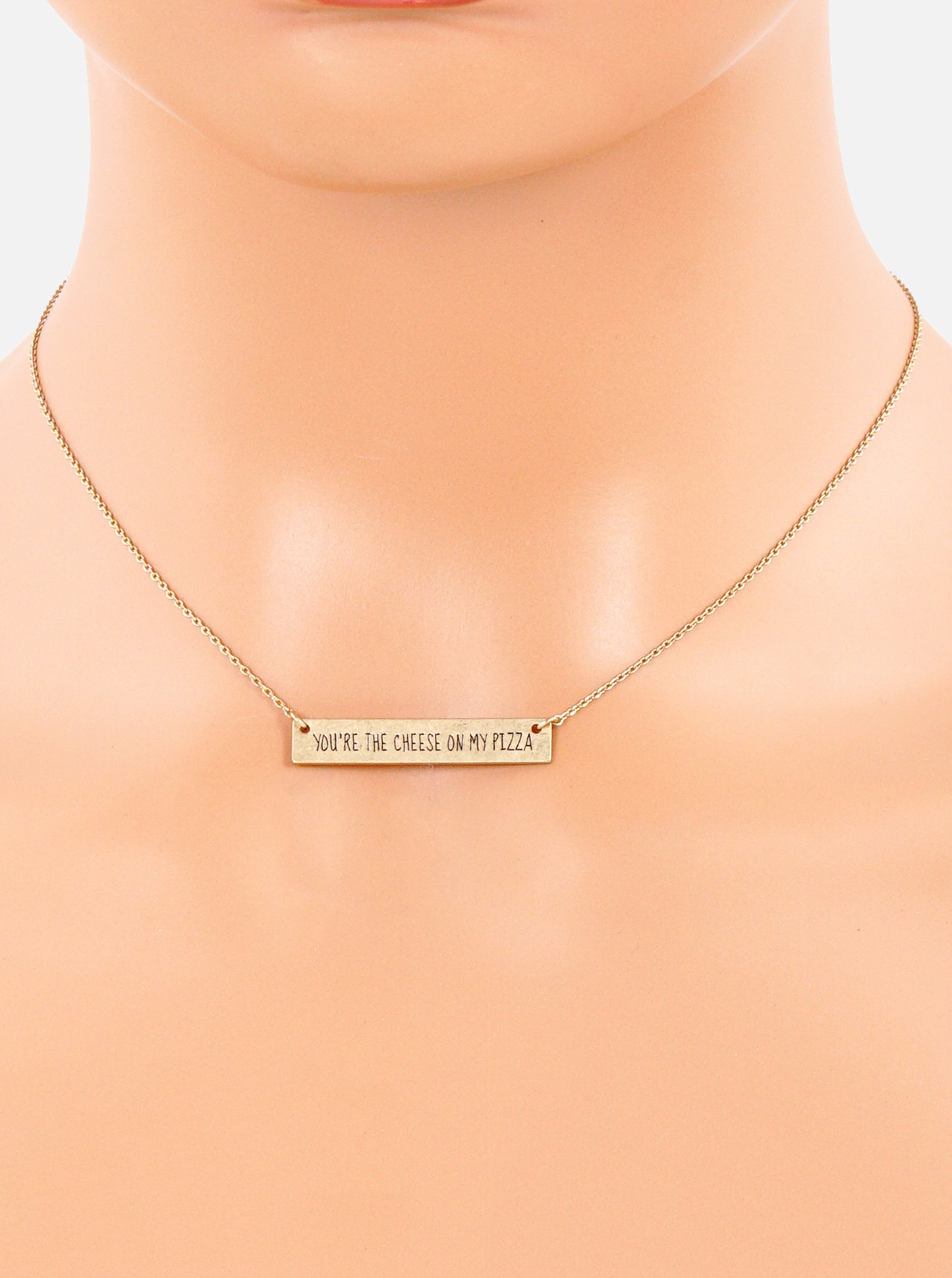 You Are The Cheese On My Pizza Engraved Horizontal Bar Pendant Necklace