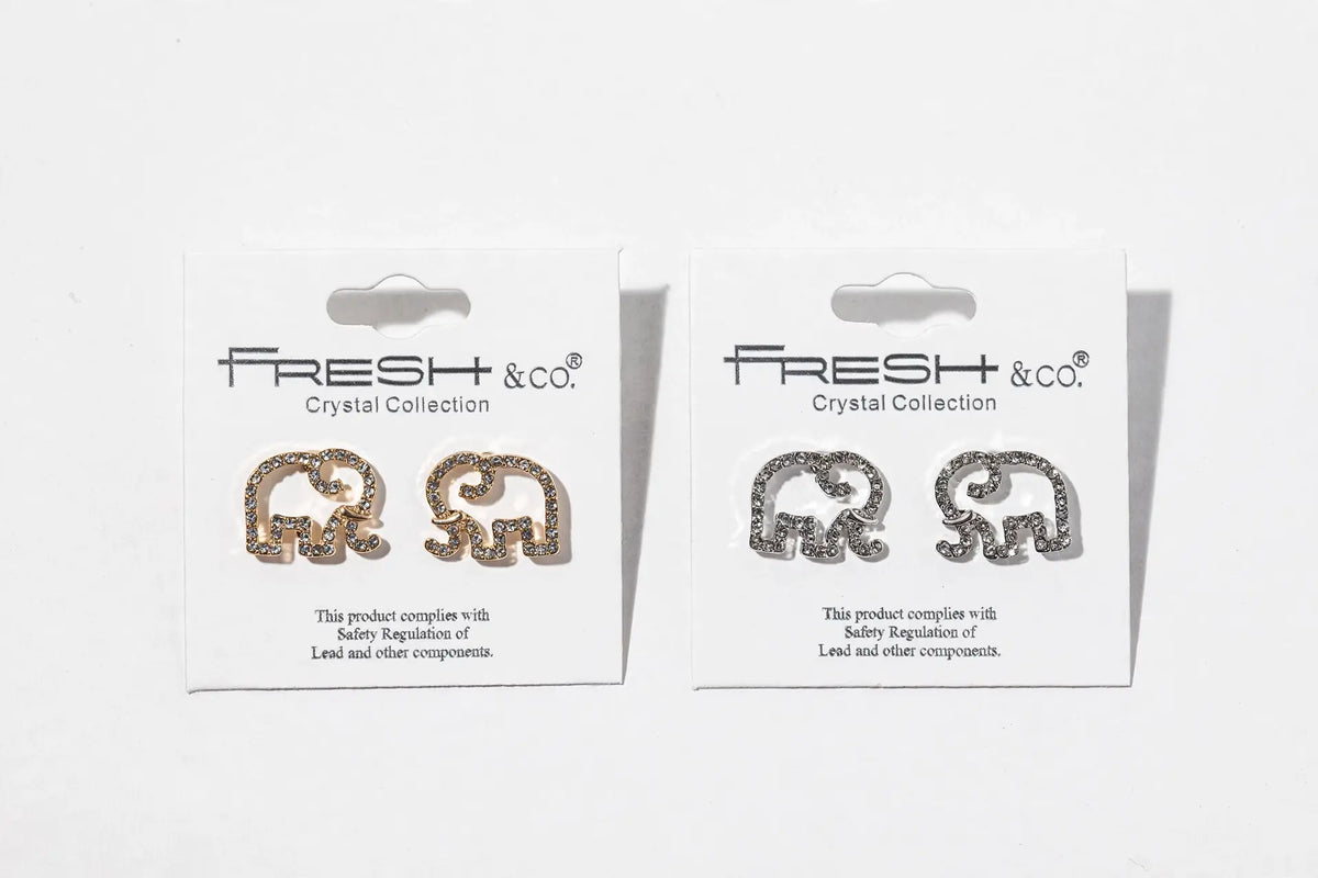 Crystal Elephant Stud Earrings – Open-Outline Elephant, Gold